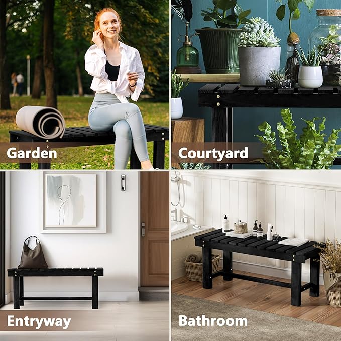 Nidouillet 35.5" Outdoor Garden Bench, Weatherproof Patio Benches 2-Person Seat Backless Wooden Porch Bench, Multifunctional Slat All Weather Bench for Garden Lawn Front Porch Park Backyard (Black) Nidouillet