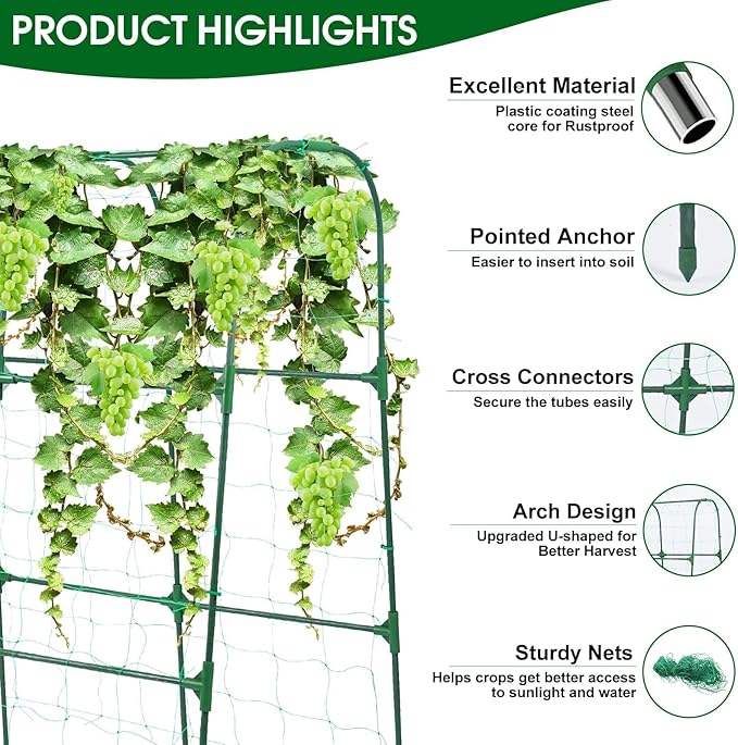 Garden Trellis for Climbing Plants Outdoor, Cucumber Trellis for Raised Bed Garden, Arch Trellis Support for Cucumbers Tomatoes Beans Peas, 50x48 inch, Metal Trellis with Netting, Green OTOSUNNY