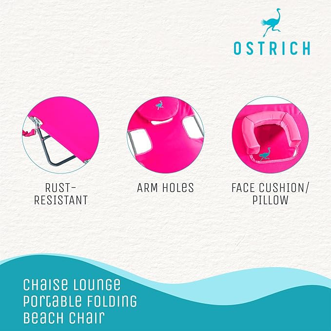 Ostrich Beach Lounge Chair, Folding & Reclining Outdoor Chaise Lounger, Pink - Portable Adjustable Recliner Chair for Lawn, Pool, Patio, Garden, and Yard OstrichProducts