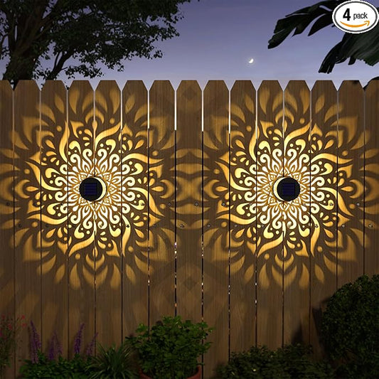 4 Pack Solar Fence Lights Metal Solar Powered Outdoor Wall Deck Step Lights Mandala Theme Waterproof Fence Light for Garden Post Patio Backyard Decor (4 Pack) gardencave