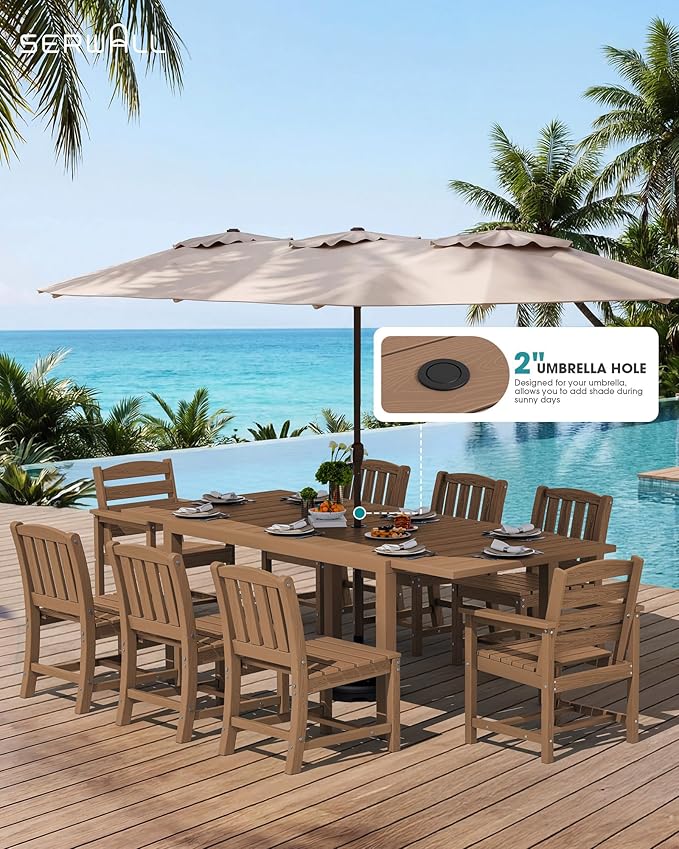 SERWALL 7-Piece Outdoor Dining Set, 60" - 83" Expandable Outdoor Dining Table and 6 HDPE Chairs, All Weather HDPE Outdoor Furniture Set for Backyard, Garden, Brown SERWALL