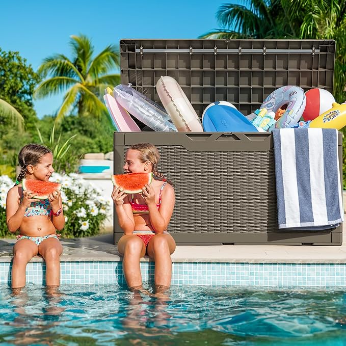 Greesum 100 Gallon Resin Deck Box Large Outdoor Storage with Cushions for Patio Furniture, Garden Tools, Pool Supplies, Weatherproof and UV Resistant, Lockable, Coffee BuynowfromGreesum