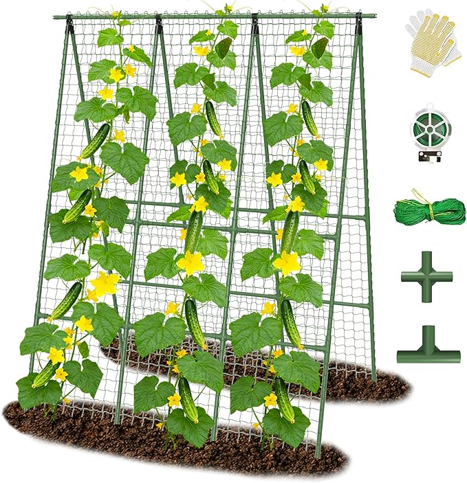 Cucumber Trellis for Raised Bed 48" L x 64" H, 16mm Heavy-Duty Metal A-Shape Arch Trellis, Outdoor Climbing Plant Support for Tomato Pea Zucchini Grape Flowers, Vertical Garden Vegetable Trellis Erinaik