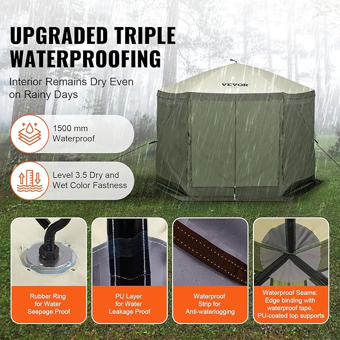 VEVOR Pop Up Gazebo Screen Tent 6 Sided Canopy Sun Shelter with 6 Removable Privacy Wind Cloths & Mesh Windows, 10x10FT Quick Set Screen Tent with Mosquito Netting, Army Green VEVOR
