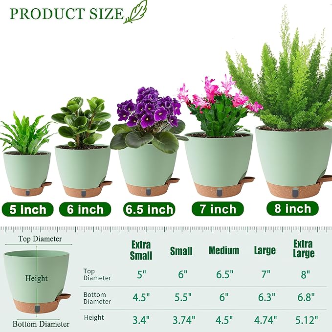 Self Watering Pots for Inoor Ourdoor Plants 8/7/6.5/6/5 Inch Plastic Planters with Drainage Holes & Water Level Indicator, Decorative House Flower Nursery Planting Pots with Saucers(Green) Fielda