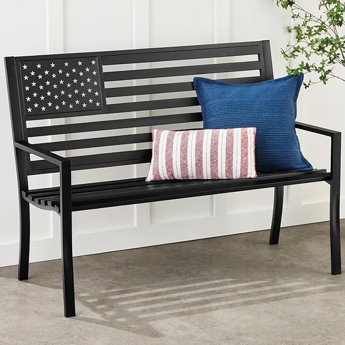 Best Choice Products Outdoor Bench 2-Person Steel Indoor/Outdoor Bench for Garden, Patio, Porch, Entryway w/American Flag, 790lb Capacity – Black BestChoiceProducts