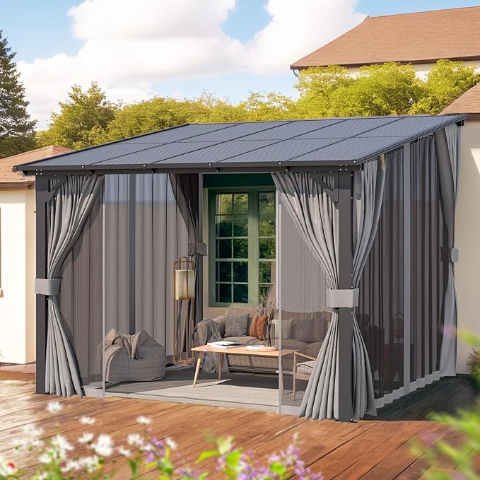 AECOJOY 10’ x 10’ Gazebo, Wall Mounted Gazebos Pergola with Curtains and Mosquito Netting, Enhanced Protective Outdoor Patio Lean to Gazebo Awnings for Deck, Porch, Backyard and Outside AECOJOY