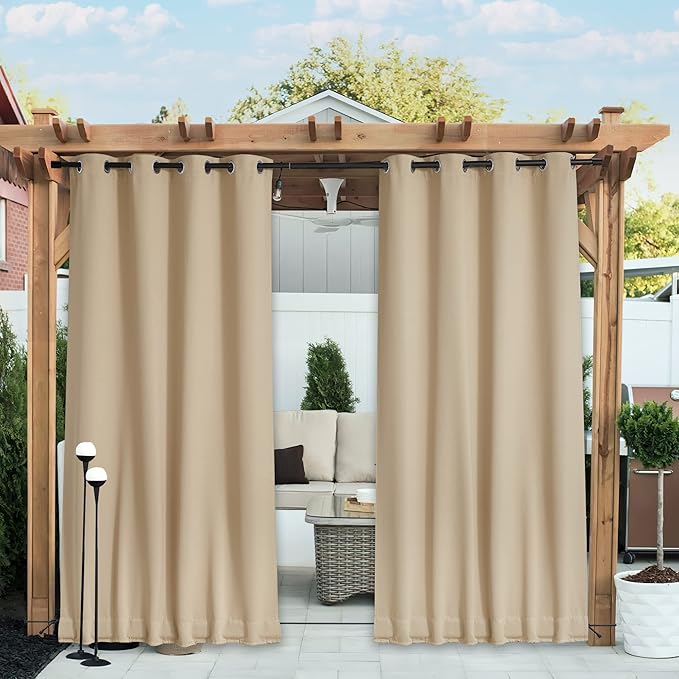NICETOWN 2 Panels Outdoor Curtains for Patio Waterproof & Windproof, Grommet & Back Tab on Top & Bottom Weighted Drapes Keep Sun/Rain Out with Bouns Rope for Deck, Biscotti Beige, W84 x L108 NICETOWN