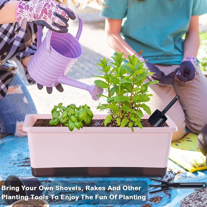 Window Box Planter 8 Pcs, 17 Inches Rectangle Flower Pots with Drainage Holes & Trays, Vegetable Planters for Windowsill Patio Garden Balcony Home Indoor Outdoor (Pink, 16 * 7 * 6 inch) Oliz