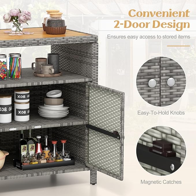Tangkula Rattan Outdoor Storage Cabinet, Patiojoy Outdoor Cabinet with Acacia Wood Countertop, Open Compartment, 2-Door Wicker Sideboard, Outdoor Bar for Patio Garden Backyard Poolside (Mix Grey) TANGKULA