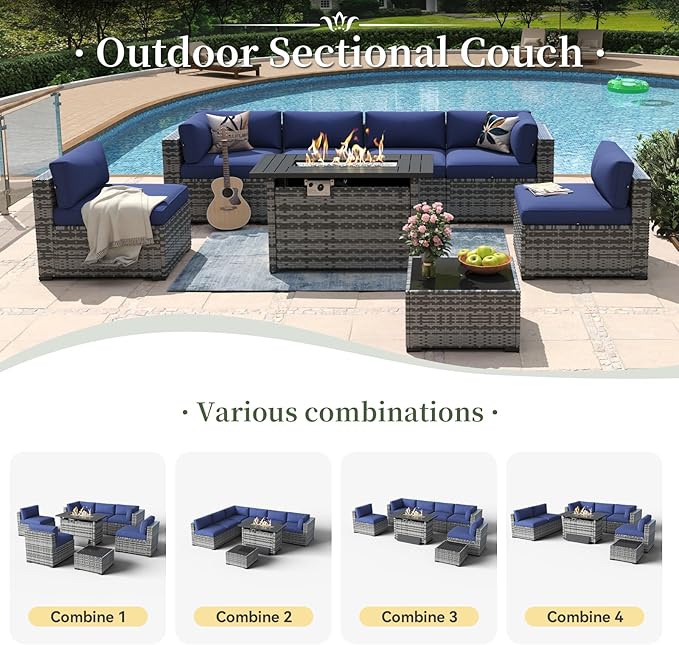 Aoxun 8 Piece Patio Furniture Set with 44” Fire Pit Table Paito Conversation Set Wicker Rattan Outdoor Sectional Sofa Set with Waterproof Cover and Thickened Cushions (Grey/Blue) Aoxun