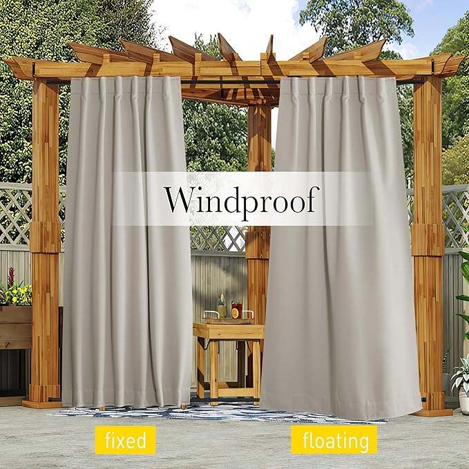 NICETOWN 2 Panels Fixed Outdoor Curtains for Patio Waterproof, Top & Bottom Pocket & Back Tab Windproof Thermal Cold & Heat Block Blackout Outdoor Drapes for Porch/Gazebo, W52 x L84, Natural NICETOWN
