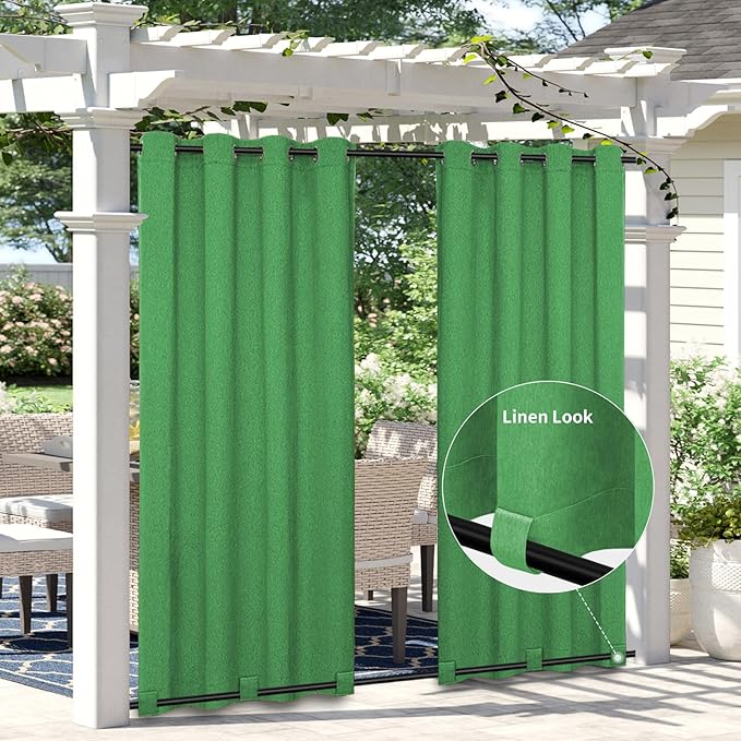 Easy-Going Linen Look Outdoor Curtains Waterproof Windproof Porch Curtains, Soft Thicken Outdoor Privacy Curtains for Patio, Gazebo, Grommet Top and Tab Bottom Drape, 1 Panel, 54x120 inch, Green Easy-Going