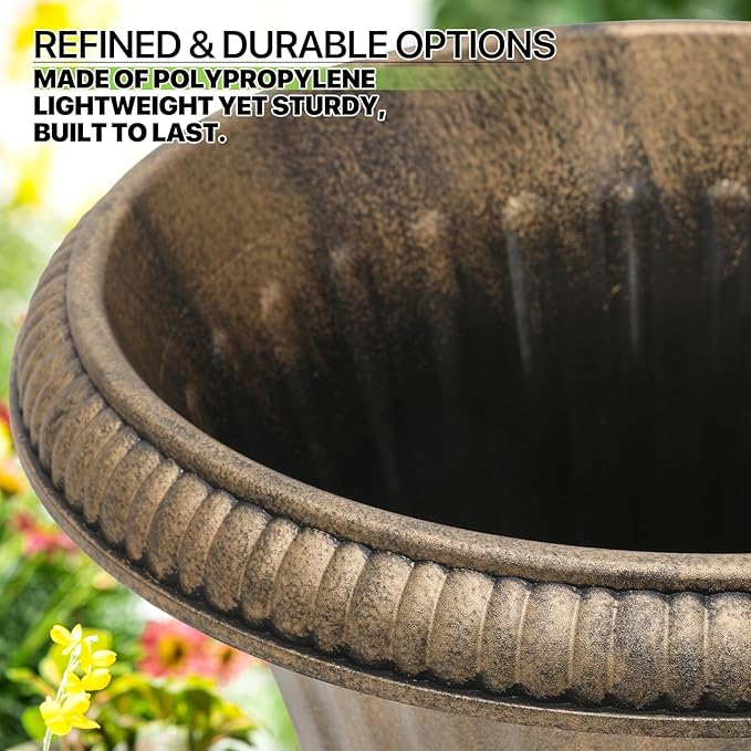 Magshion 20" Urn Planters for Outdoor Plants, Large Decorative Front Porch Planters Set of 2, Weatherproof Tall Plastic Flower Pots for Garden, Patio & Entryway Décor, Antique Brass Magshion