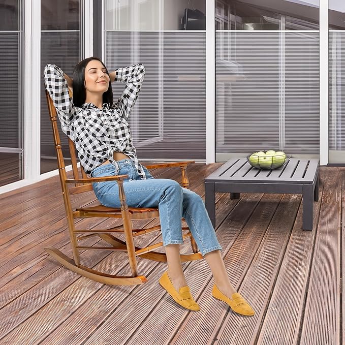 VINGLI Wooden Rocking Chair, Outdoor Chair with 450 lbs Support, Relaxing Rocker with Solid Wood High Back Seat Reclining Seat for Deck, Garden, Backyard, Porch, Indoor or Outdoor Use (Teak, 1PC) VINGLI