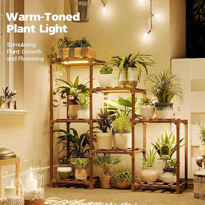 Bamworld Plant Stand with Grow Light Plant Shelf for Mutiple Pots 3 Tiers Ladder Plant Holder for Living Room Patio Boho Home Decor for Gardening Warm Light Bamworld