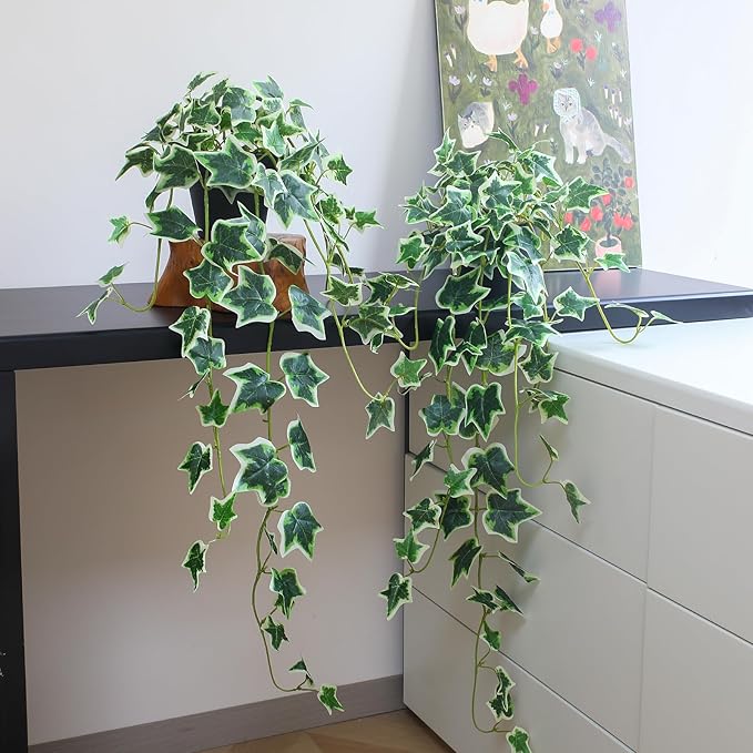 Fake English Ivy Plants in Pots Set of 2 – Realistic Artificial Ivy Greenery for Home Decor, Tabletop, Office, Shelf, Balcony, Lifelike Faux Hanging Vines, No Maintenance Required - White and Green ALYPTUS