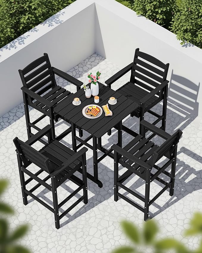 SERWALL 5-Piece Adirondack Bar Chairs Set, HDPE Adirondack Barstools with Pub Table, Outdoor Patio Bar Furniture for Bistro, Balcony, Poolside, Garden - Black SERWALL