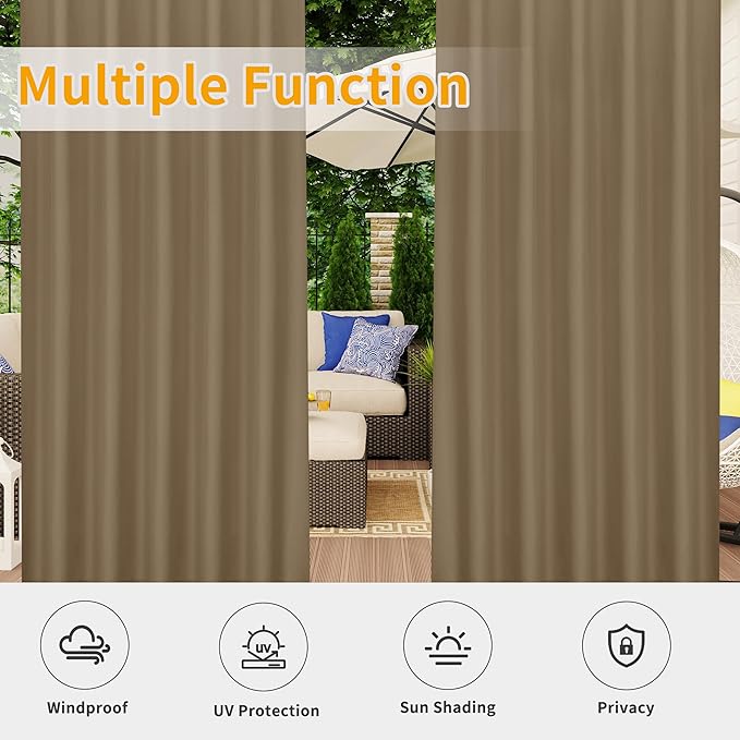 Easy-Going Outdoor Patio Curtains Detachable Tab Top Windproof Weatherproof Curtain for Cabana, Porch, Pergola and Gazebo, Tab Bottom Drape, 2 Panels, 54W x 120L inch, Khaki Easy-Going