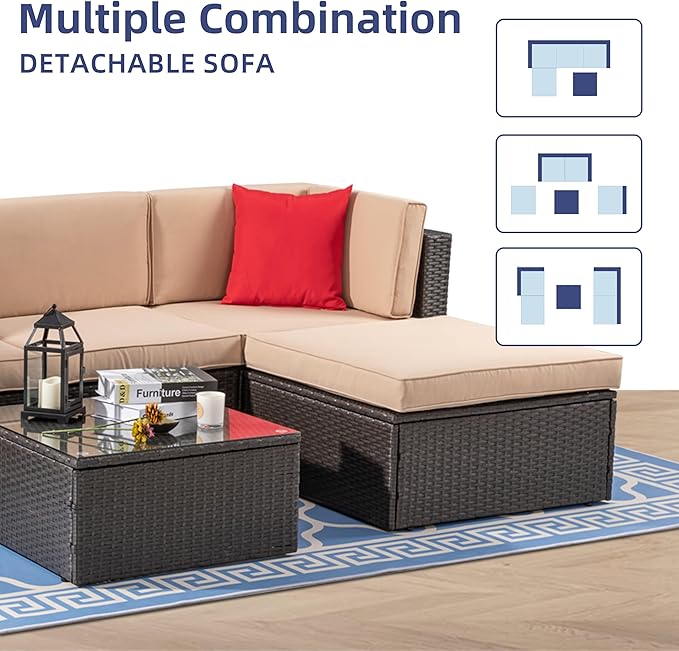 Vongrasig 5 Piece Patio Furniture Sets, Outdoor Patio Set Sectional Sofa, All-Weather PE Rattan Outdoor Couch with Ottoman, Glass Table for Garden, Backyard, Porch, Beige Vongrasig