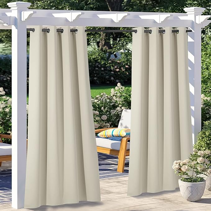 NICETOWN 2 Panels Outdoor Curtains for Patio Waterproof W52 x L108, Triple Weave Stainless Steel Silver Grommet Thermal Insulated Privacy Room Darkening for Outdoor Living, Beige NICETOWN