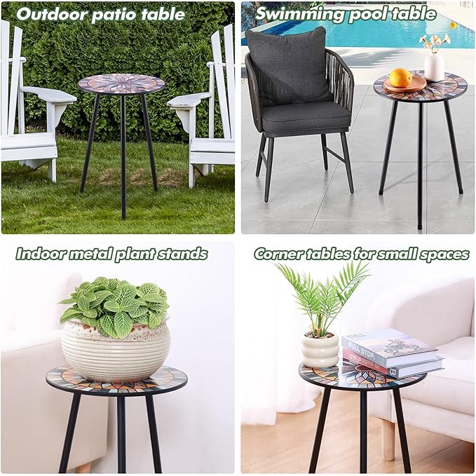 Party Zealot 1 Pack Metal Mosaic Round Side Table Small 13.4" End Patio Round Accent Table Garden Corner Stand for Small Spaces Weather-Resistant for Balcony Plant Stand Indoor Outdoor PartyZealot