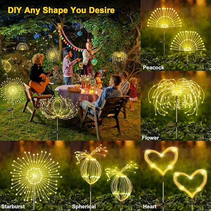 Solar Garden Lights Outdoor, 6 Pack 120 LED Twinkling Firework Lights Decorative with 2 Modes, Outdoor Waterproof Solar Starburst Light for Outside Yard Pathway Garden Decor, Warm White Yaafen