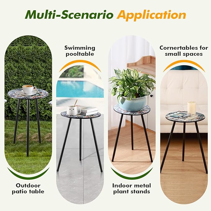 2 Packs Metal Mosaic Round Side Tables 13.4" Small Outdoor Patio Round Accent Coffee Tables Indoor Corner Stand for Small Spaces Weather-Resistant for Balcony, Porch Plant Stands Indoor, Mixed Mosaic PartyZealot
