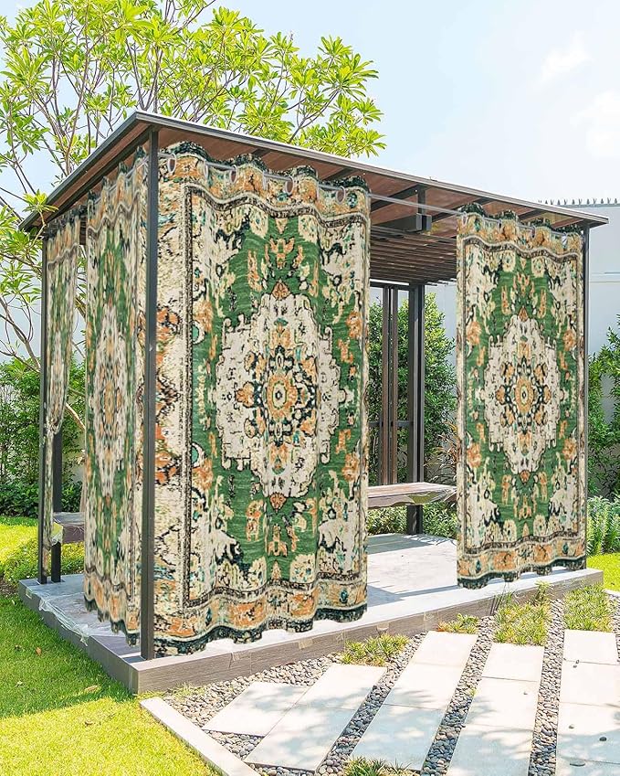 Ombre Green Boho Outdoor Curtains for Patio Waterproof, Grommet Privacy Curtain Drapes Weatherproof Outside Curtains for Porch GazeboPergola Cabana 2 Panel 54x84inch Vintage Ethnic Tribal Geometric Rootora