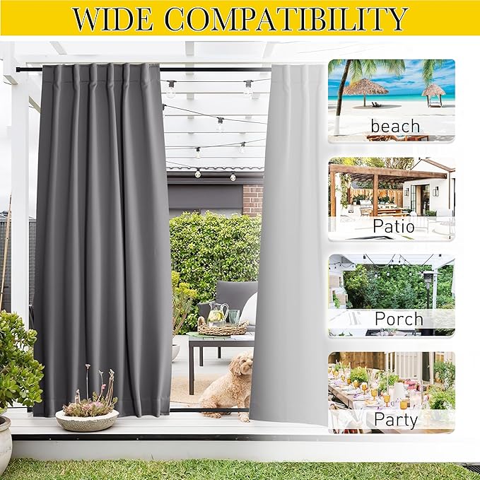 NICETOWN 2 Panels Outdoor Curtains Waterproof Pocket & Back Tab on Top & Bottom, Thermal Insulated Windproof Sun Blocking Outside Privacy Drapes for Patio with Fixed Rope, W84 x L95, Grey NICETOWN