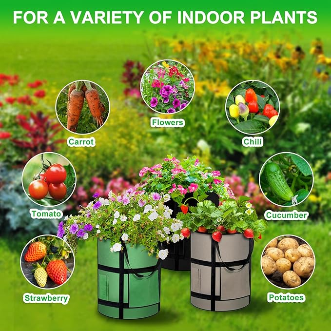 10 Gallon Potato Grow Bags with Viewing Window, 300G Nonwoven Garden Planting Pots, Heavy-Duty Surround Handles for Gardening Supplies (6Pack Grow Bags) Createagardenyoulove
