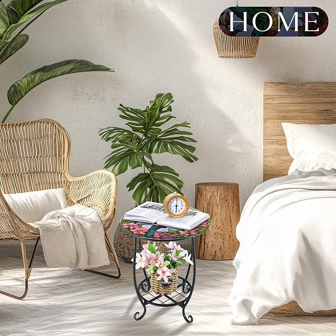 Outdoor Side Table Round Small Mosaic Patio Accent Indoor End Plant Coffee Tea Table for Yard Patio Porch Garden Living Room, Bedroom(Hummingbird Style,12 Inch) Cinnvoice