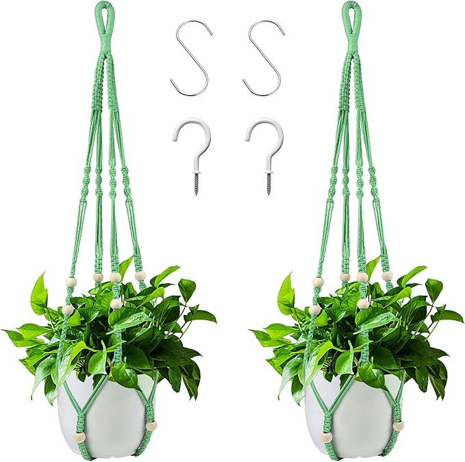 Augshy Macrame Plant Hangers Green Hanging Planters for Indoor Outdoor Home Decor, Hanging Plant Holder No Tassels Set of 2 with 4 Hooks Augshy
