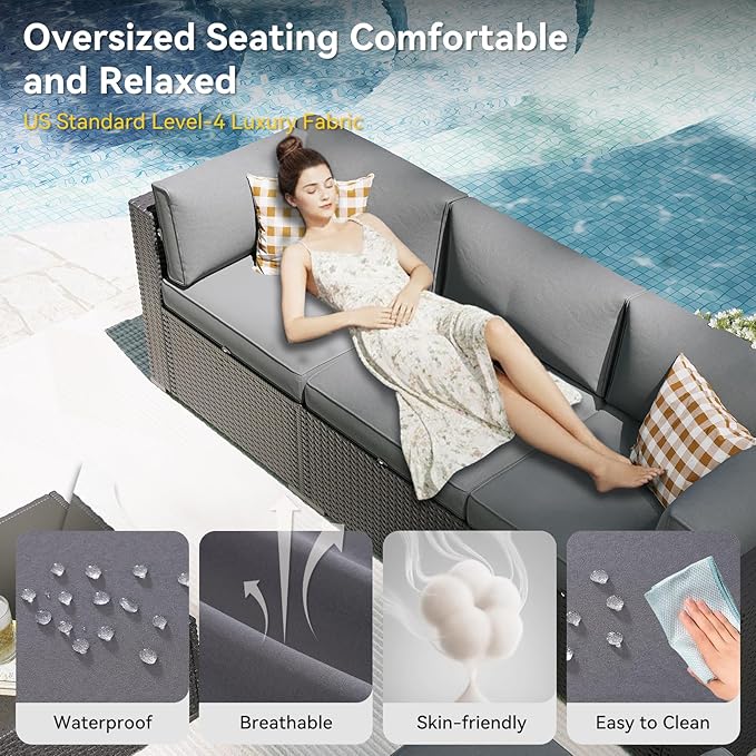 Aoxun Patio Furniture Set, 11 Piece Outdoor Sectional Sofas with Waterproof Cover, 10 Seats Wicker Rattan Outdoor Furniture Patio Conversation Set for Backyard, Garden Light Grey Aoxun