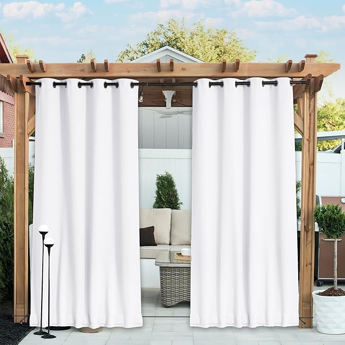 NICETOWN 2 Panels Outdoor Curtains Waterproof Fixed Grommet/Back Tab on Top & Bottom, Thermal Insulated Windproorf Sun Blocking Outdoor Drapes with Rope for Patio/Gazebo, W52 x L84, Pure White NICETOWN
