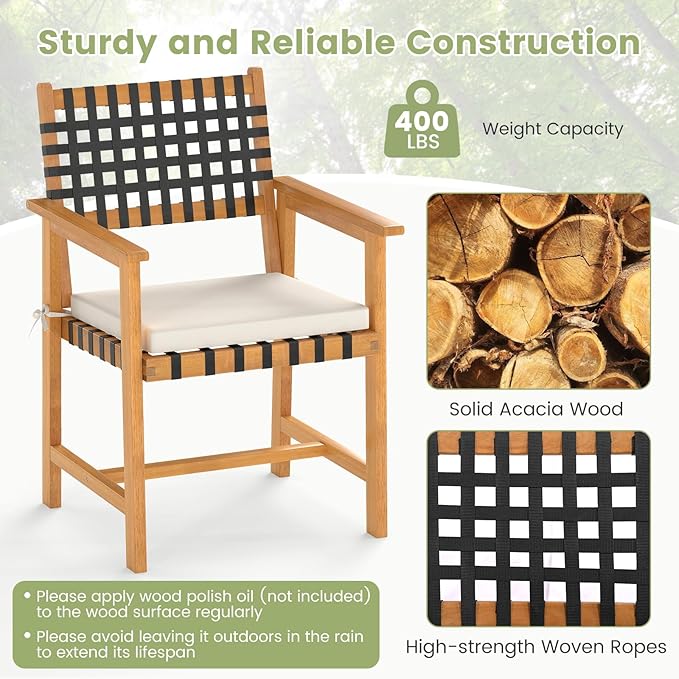 Tangkula 7 Piece Patio Dining Set for 6 People, 63” Outdoor Rectangular Acacia Wood Table with 1.97” Umbrella Hole & 6 Armchairs with Padded Seat Cushions, for Deck Yard and Poolside TANGKULA