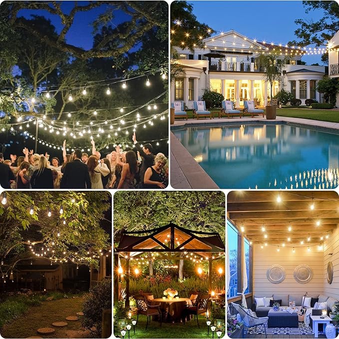 Mlambert 96Ft(2x48ft) 3-Color in 1 48Ft LED Dimmable Outdoor String Lights with Remote, Plug-in 2700K/4000K/5000K Waterproof Lights for Patio Cafe Mlambert