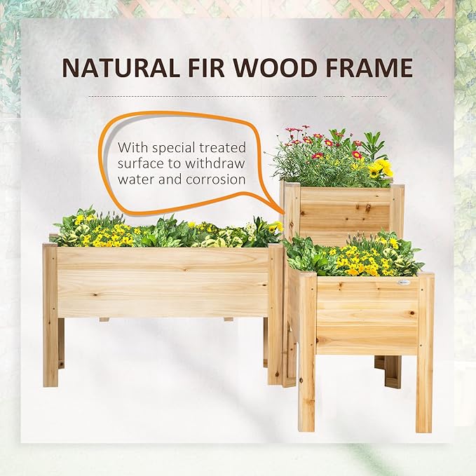 Outsunny Raised Garden Bed Set of 3, Wooden Elevated Planter Box with Legs and Bed Liner, for Backyard and Patio to Grow Vegetables, Herbs, and Flowers, Natural Outsunny