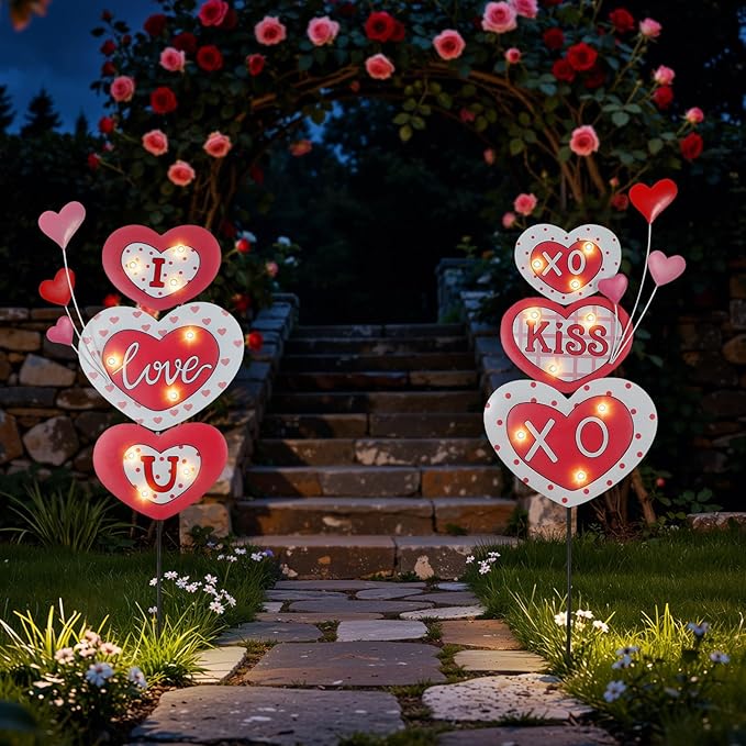 Lewondr 2 Pcs Valentine's Day Decorations Outdoor, Metal Solar Pathway Lights, Love Heart Decorative Garden Stakes Lights with 18 LED Beads, Waterproof Yard Signs for Porch Lawn Wedding Anniversary Lewondr