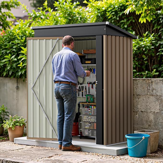 Greesum 5×3FT Outdoor Storage Shed, Metal Patio Storaged Sheds with Lockable Doors, Sheds & Outdoor Storage for Bike, Backyard, Pool and Garden, Brown BuynowfromGreesum