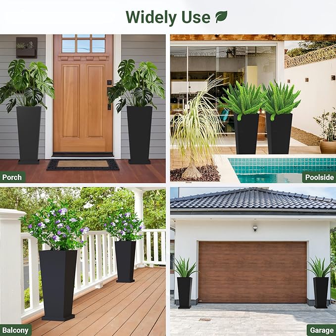 Tall Outdoor Planters Set of 2, 26 inch Tall Planters for Outdoor and Indoor, Metal Tapered Pots with Drainage Holes & Insert Shelves & Trays for Porch, Garden, Patio, Yard Toriexon