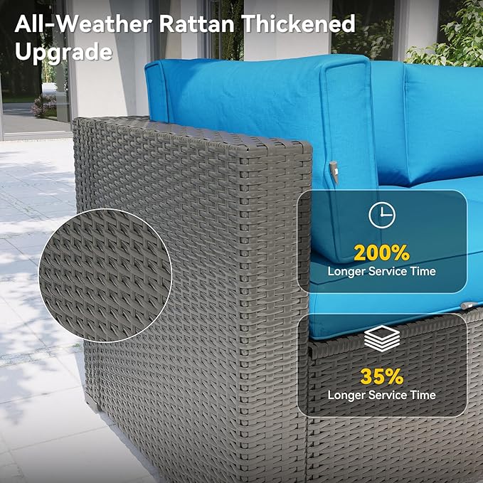 Aoxun Patio Furniture Set with Fire Pit Table, 8 Piece Outdoor Sectional Sofas, Wicker Rattan Outdoor Furniture with Thickened Cushion for Backyard, Garden Peacock Blue Aoxun