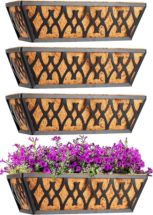 2 Pack 16 Inch Window Boxes Planters Railing Planter Box with Coco Liners Deck Railing Planter Boxes Balcony Hanging Flower Box for Outdoor Plants Garden Decor KarlliuHOMEGARDEN
