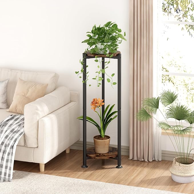 Plant Stand Indoor Corner Tall 2 Tier Metal Modern Flower Storage Plant Shelf Holder for Living Room Balcony Garden,Black (2 Tier-Black Round) YIZAIJIA