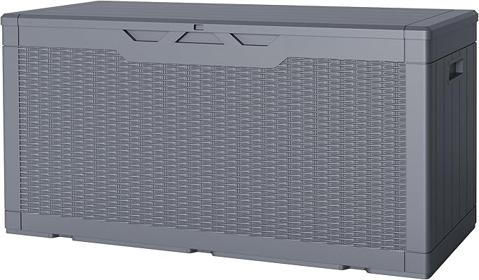 JUMMICO 100 Gallon Resin Deck Box, Waterproof Outdoor Storage Box with Lockable Lid for Garden Tools, Patio Cushions (Gray) JUMMICO