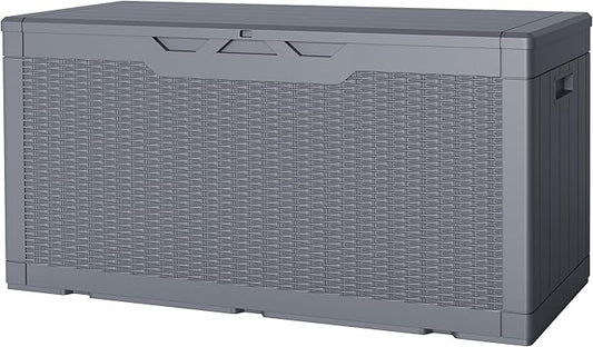 JUMMICO 100 Gallon Resin Deck Box, Waterproof Outdoor Storage Box with Lockable Lid for Garden Tools, Patio Cushions (Gray) JUMMICO
