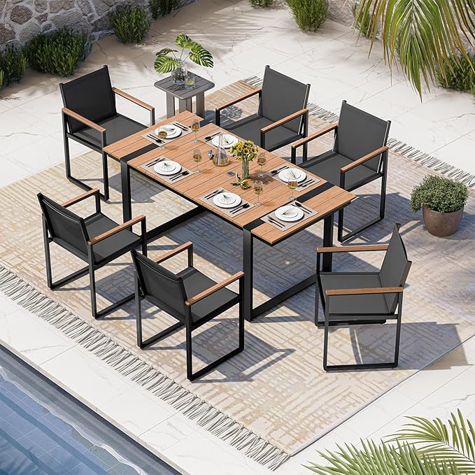 Outdoor Dining Set, HDPS + Aluminum Patio Table and Chairs Set with U-Shaped Base, 7 Piece Outdoor Furniture Set with Umbrella Hole, Patio Dining Table Set for Garden, Backyard (Gray-Teak) Oasbira