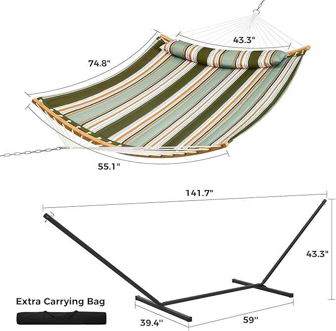 SUPERJARE Hammock with Stand, 2 Person Heavy Duty Hammock with Padded Cotton, Detachable Pillow & Strong Curved-Bar & Portable Carrying Bag, Perfect for Outdoor & Indoor, Retro Green SUPERJARE