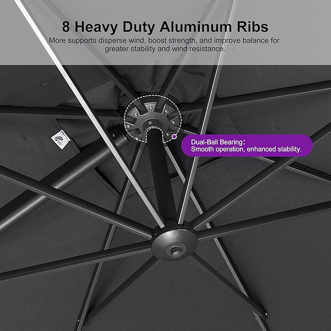 PURPLE LEAF 9' X 11.5' Rectangle Patio Umbrella with Base Outdoor Large Aluminum Cantilever Umbrella with 3 Years Fade Resistance Recycled Fabric and 360-degree Rotation for Garden Deck Pool, Mist Grey Rootora
