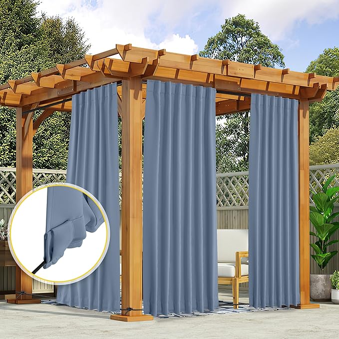 NICETOWN 2 Panels Outdoor Curtains Waterproof Pocket & Back Tab on Top & Bottom, Thermal Insulated Fixed Windproof Outdoor Drapes Privacy for Patio with Rope for Fixed, W52 x L95, Stone Blue NICETOWN